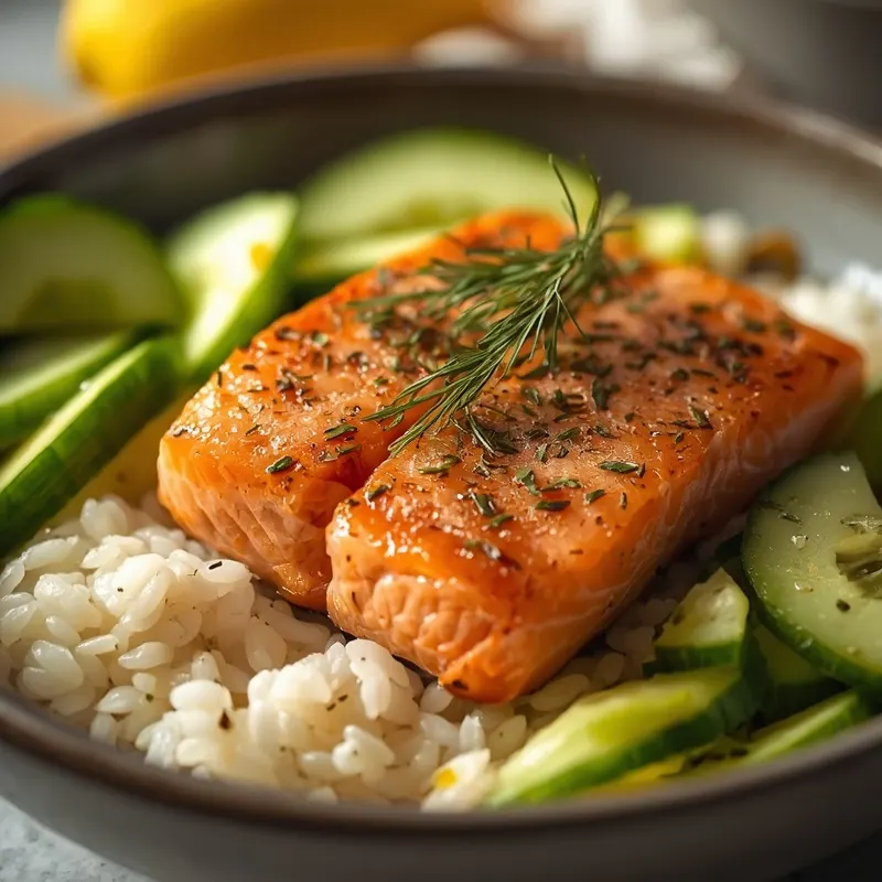 Lemon Dill Salmon Cucumber Rice Bowl With Cucumber Ribbons