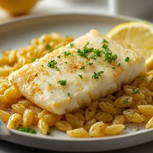 Lemon Garlic Butter Cod Orzo recipe