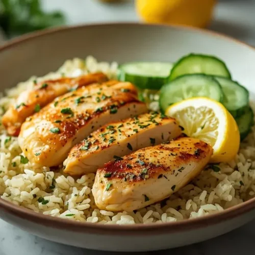 Lemon Herb Chicken Cucumber Rice Bowl recipe