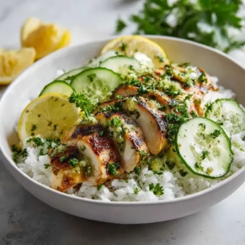 Lemon Herb Chicken Rice Bowl Recipe | Healthy Grilled Chicken Bowl Lemon Herb Chicken Rice Bowl with Cucumber and White Rice