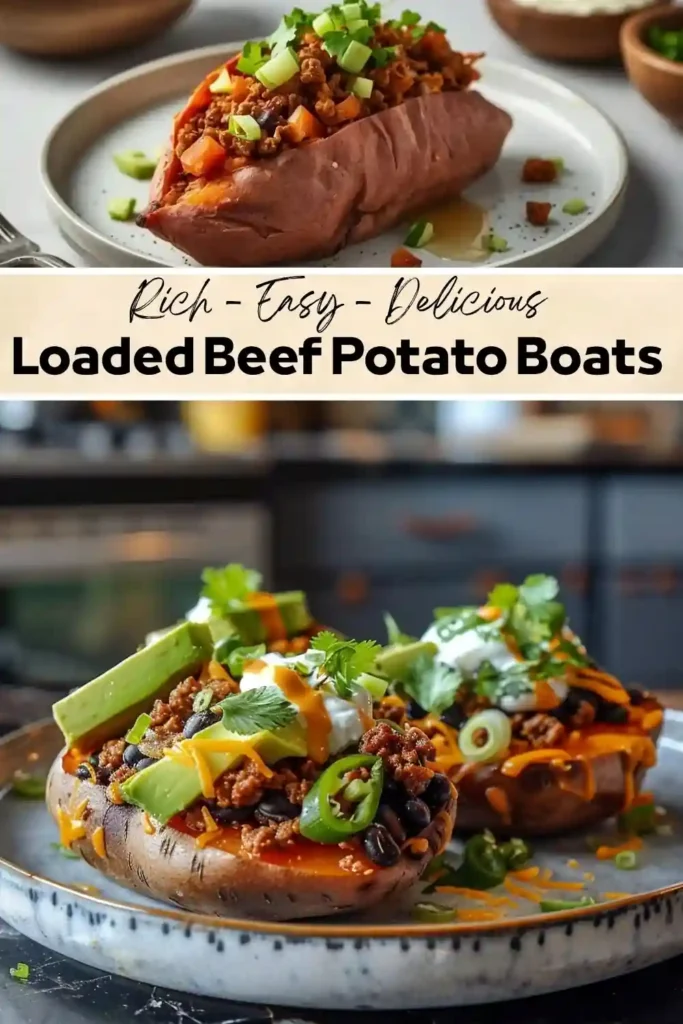 Loaded Beef Potato Boats Recipe Loaded beef potato boats topped with avocado, cheese, black beans, jalapeños, and sour cream