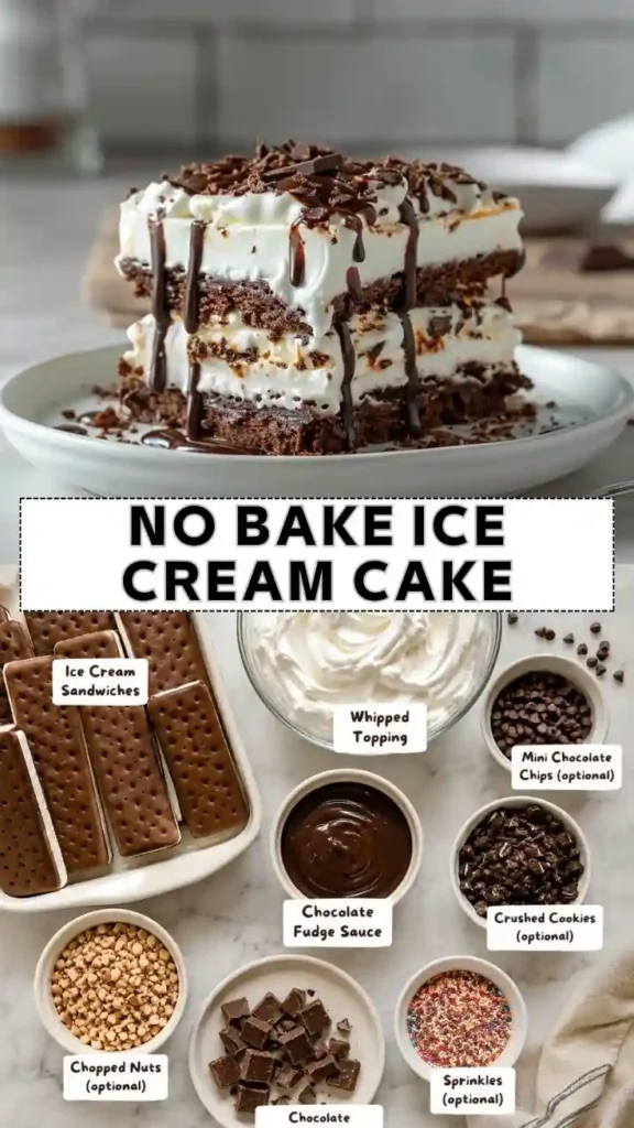 No Bake Ice Cream Cake Recipe No bake ice cream cake collage with chocolate drizzle, whipped topping, and ingredient layout