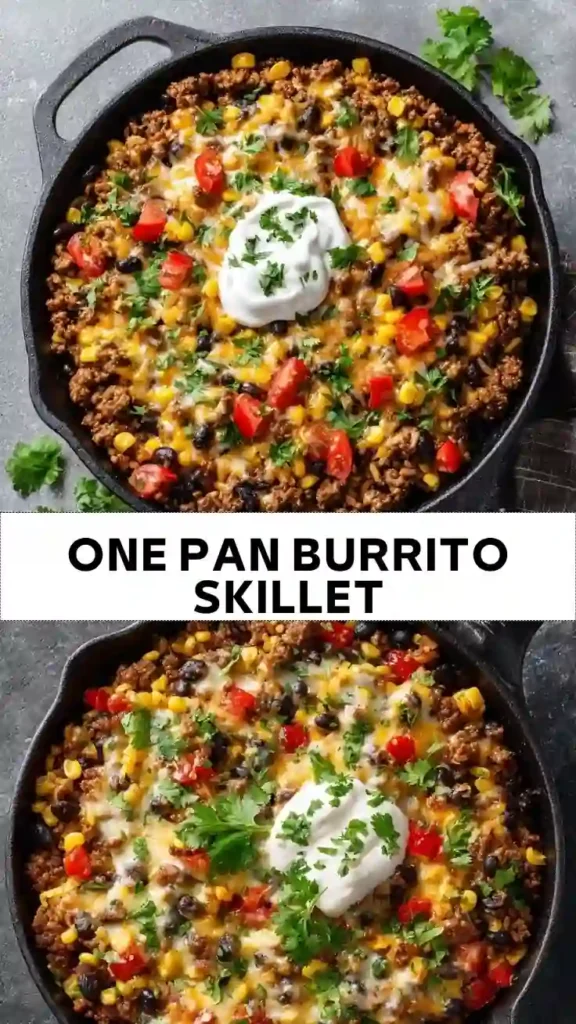 One pan burrito skillet with ground beef, black beans, corn, melted cheese, tomatoes, and sour cream