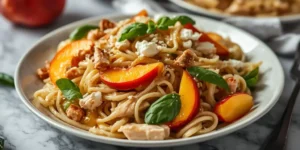 Peach Basil Pasta Salad with Chicken And Fresh Basil
