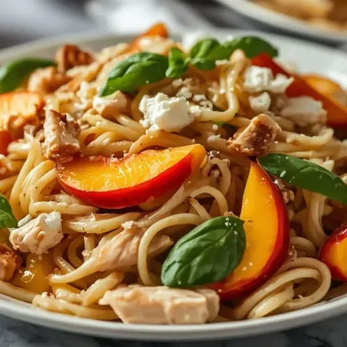 Peach Basil Pasta Salad with Chicken recipe