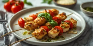 Pesto Chicken Tomato Skewers With Green Pesto Gloss