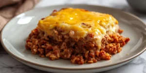 Red Chile Beef Rice Bake With Melted Cheese