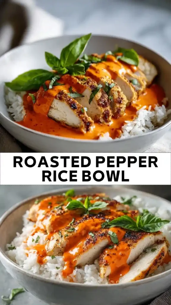 Roasted Pepper Chicken Rice Bowl Recipe | Easy High-Protein Dinner Roasted Pepper Chicken Rice Bowl with Creamy Red Pepper Sauce