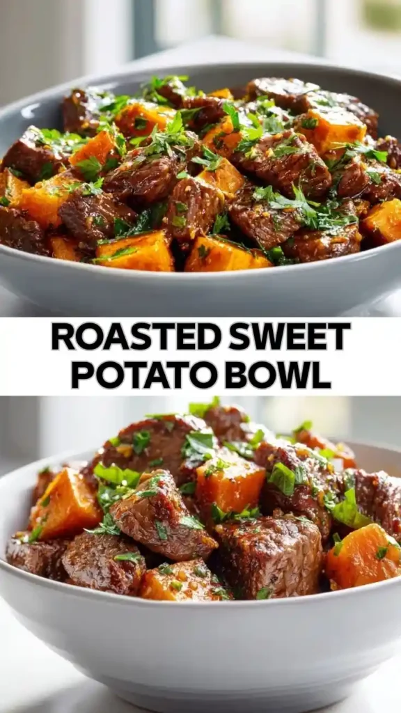 Roasted Sweet Potato Bowl with Tender Beef and Herbs Roasted Sweet Potato Bowl with Glazed Beef Bites and Fresh Herbs