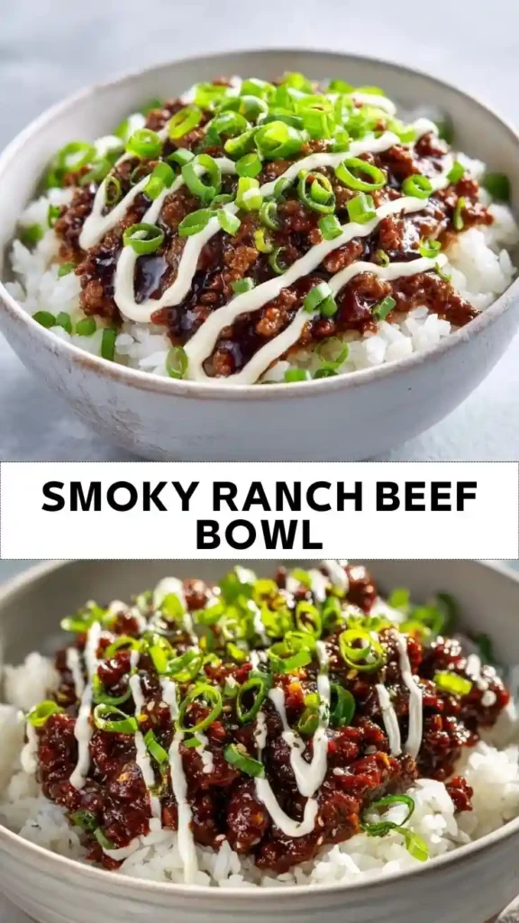 Smoky BBQ Ranch Beef Rice Bowl with Ground Beef, White Rice and Ranch Drizzle