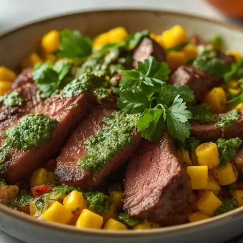 Steak Charred Corn Chimichurri Bowl recipe