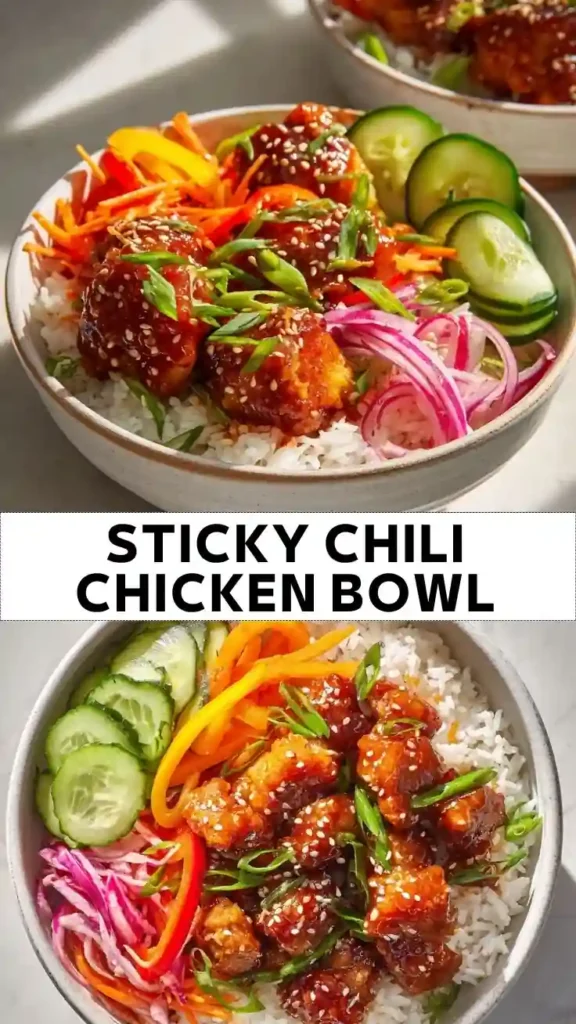 Sticky Chili Chicken Bowl Recipe Sticky Chili Chicken Bowl with Rice and Fresh Vegetables