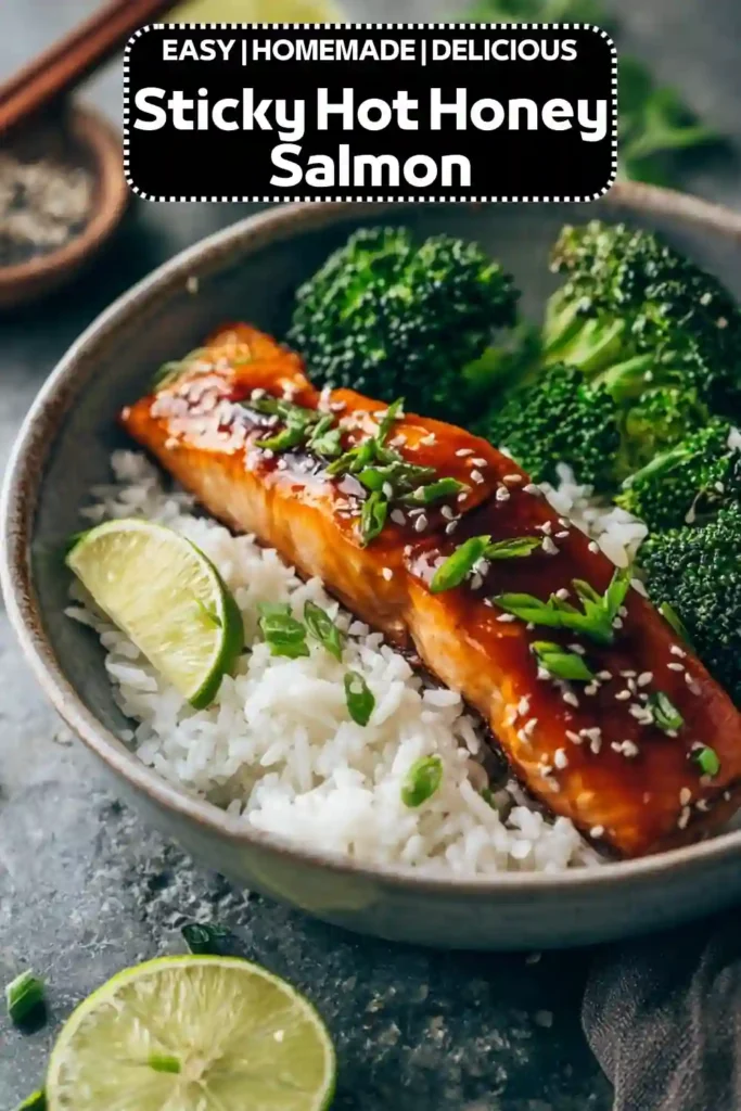 Sticky Hot Honey Salmon Recipe Bowl Sticky hot honey salmon bowl with rice and broccoli