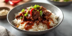 Sweet Chili Beef Rice Bowl With Red Chili Sheen