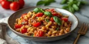 Tomato Basil Chickpea Orzo Skillet With Creamy Orzo