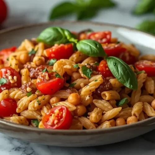 Tomato Basil Chickpea Orzo Skillet recipe