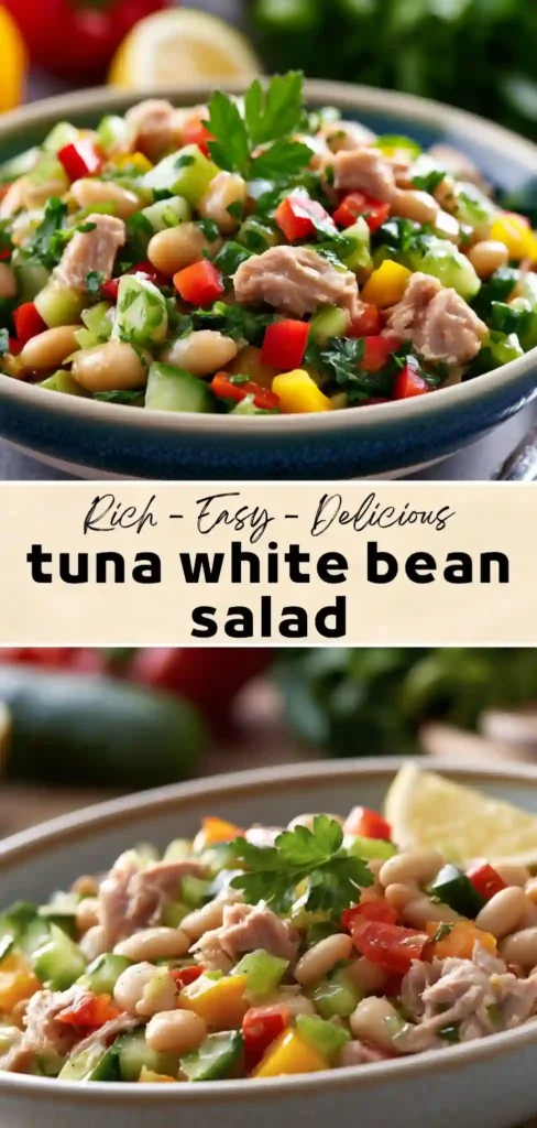 Tuna white bean salad with crunchy cucumber, celery, bell peppers, parsley, and lemon dressing in a serving bowl