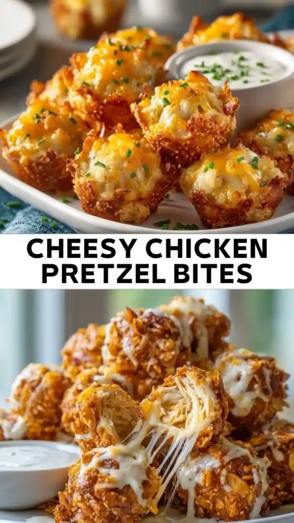 Cheesy Chicken Pretzel Bites Recipe Cheesy chicken pretzel bites filled with shredded chicken and melted cheese, served with a creamy dipping sauce.