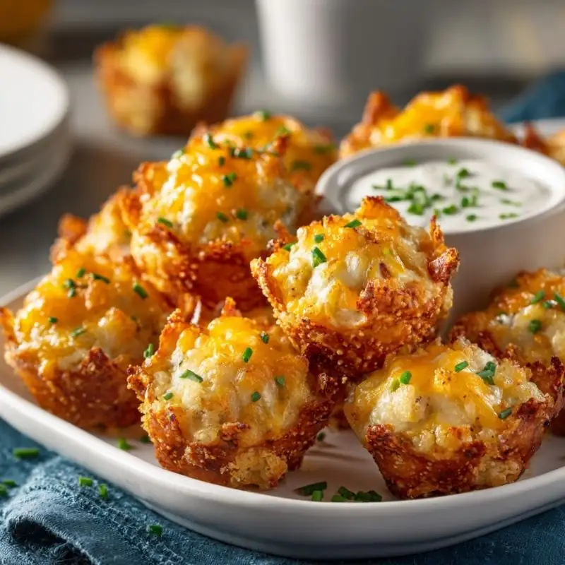 Cheesy Chicken Pretzel Bites Recipe Cheesy chicken pretzel bites with crispy pretzel coating, melted cheddar cheese, and creamy dipping sauce on a serving platter.