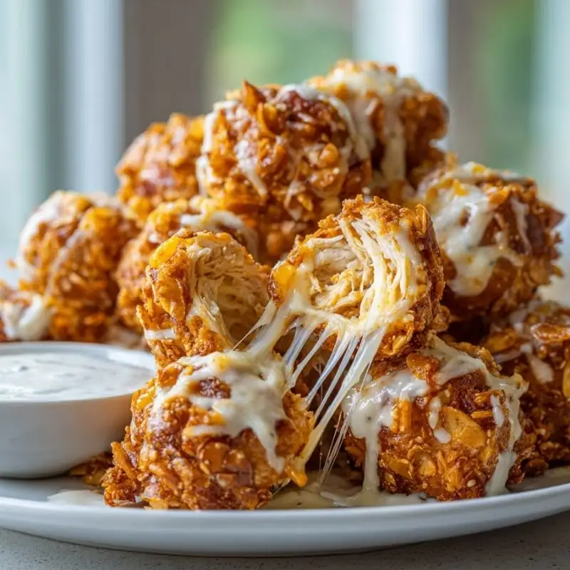 Cheesy Chicken Pretzel Bites Close-Up Close-up of cheesy chicken pretzel bites with melted mozzarella, crispy pretzel coating, and creamy dipping sauce.