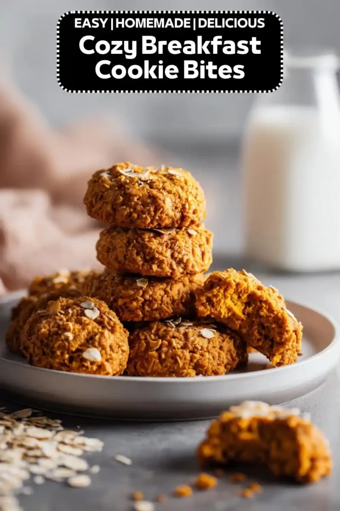 Cozy Breakfast Cookie Bites Recipe Cozy breakfast cookie bites made with oats and wholesome ingredients, stacked on a plate with a glass of milk.