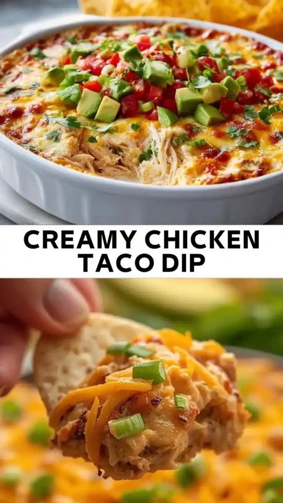 Creamy chicken taco dip topped with melted cheese, avocado, diced tomatoes, cilantro, and green onions, served with tortilla chips.