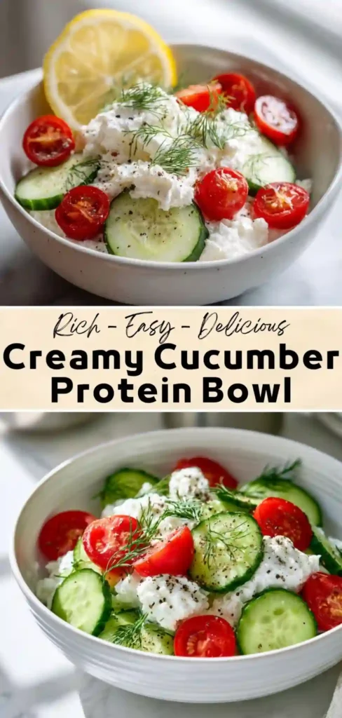 Creamy cucumber protein bowl with sliced cucumbers, cherry tomatoes, cottage cheese, fresh dill, black pepper, and a lemon garnish.