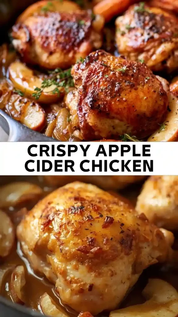 Crispy Apple Cider Chicken Recipe Crispy apple cider chicken thighs with caramelized apples, onions, and a rich savory apple cider pan sauce.