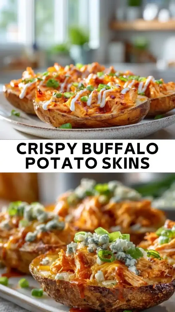 Crispy Buffalo Chicken Potato Skins Recipe Crispy buffalo chicken potato skins topped with melted cheese, blue cheese crumbles, green onions, and buffalo sauce.