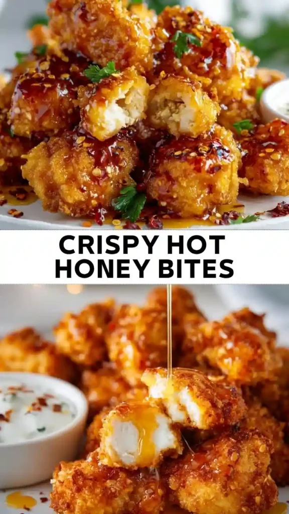 Crispy Hot Honey Chicken Bites Recipe Crispy hot honey chicken bites coated in a sweet and spicy glaze with chili flakes, parsley, and a creamy dipping sauce.