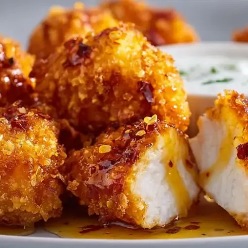 Crispy hot honey chicken bites drizzled with spicy honey glaze and topped with chili flakes, served with a creamy dipping sauce.