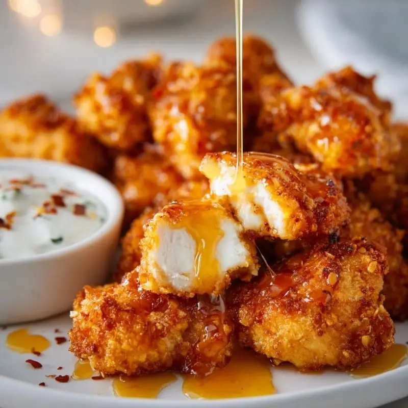 Crispy Hot Honey Chicken Bites Recipe Crispy hot honey chicken bites drizzled with spicy honey glaze and served with a creamy dipping sauce.
