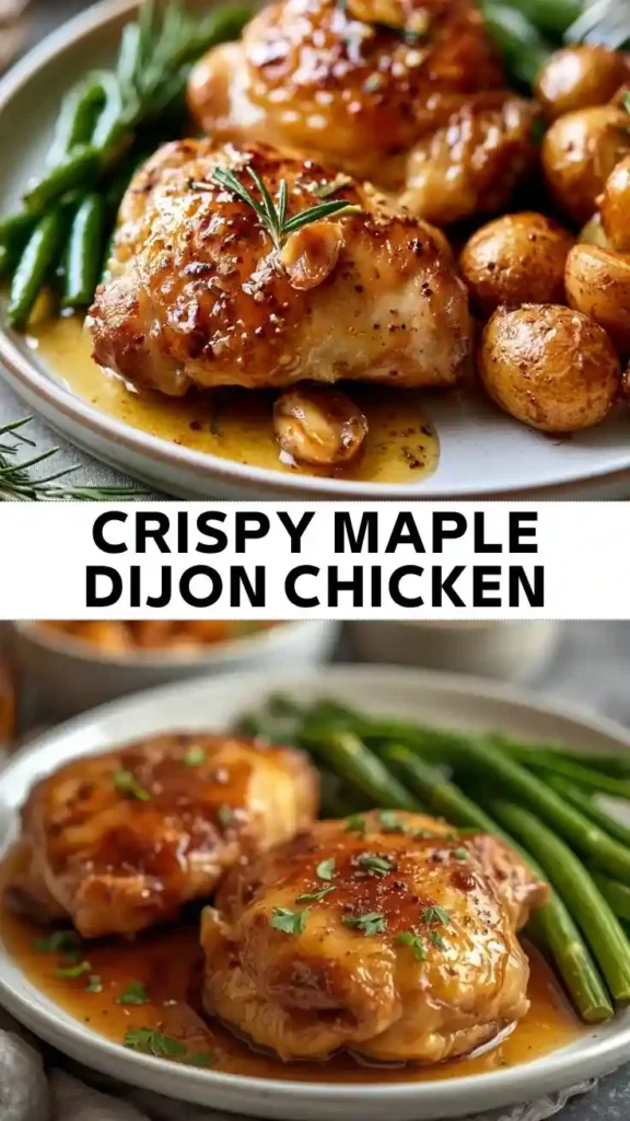 Crispy Maple Dijon Chicken Recipe Crispy maple Dijon chicken thighs glazed with a sweet and tangy maple mustard sauce, served with roasted baby potatoes and green beans.