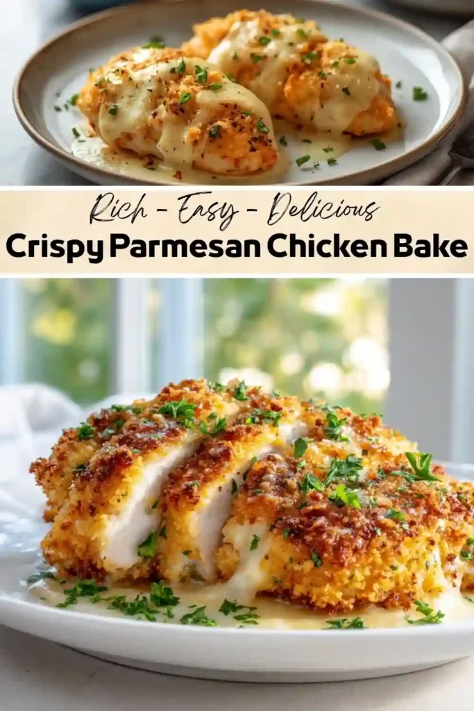 Crispy Parmesan chicken bake with golden breaded chicken breasts topped with melted cheese and fresh parsley on a serving plate.