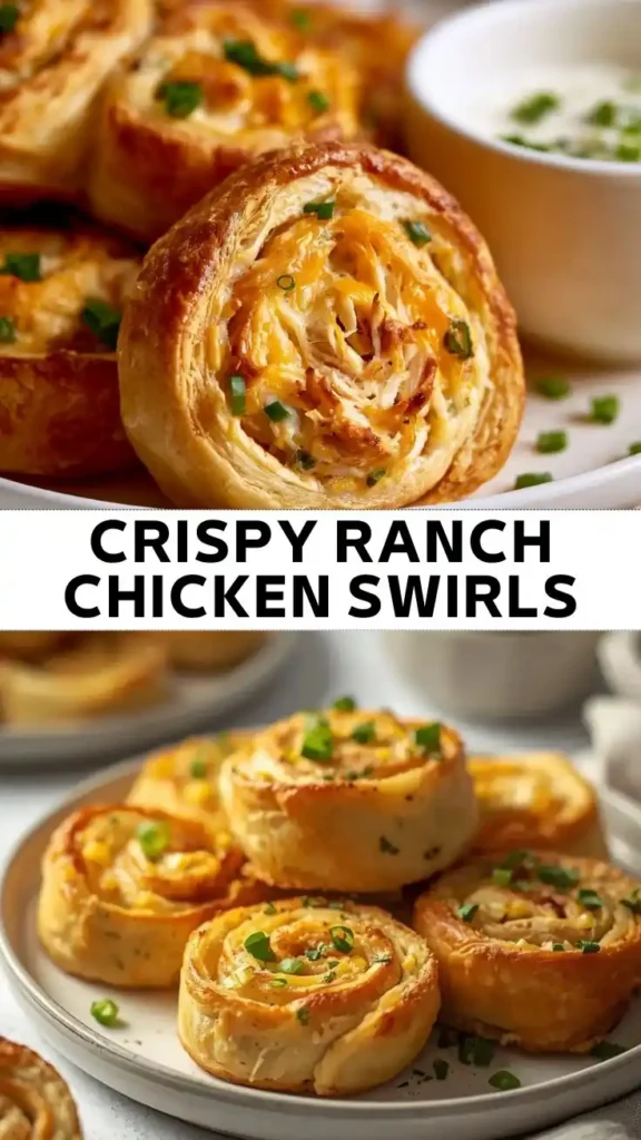 Crispy Ranch Chicken Swirls Recipe Golden baked ranch chicken pinwheels made with flaky pastry, shredded chicken, cheddar cheese, and fresh chives, served with creamy ranch dipping sauce.