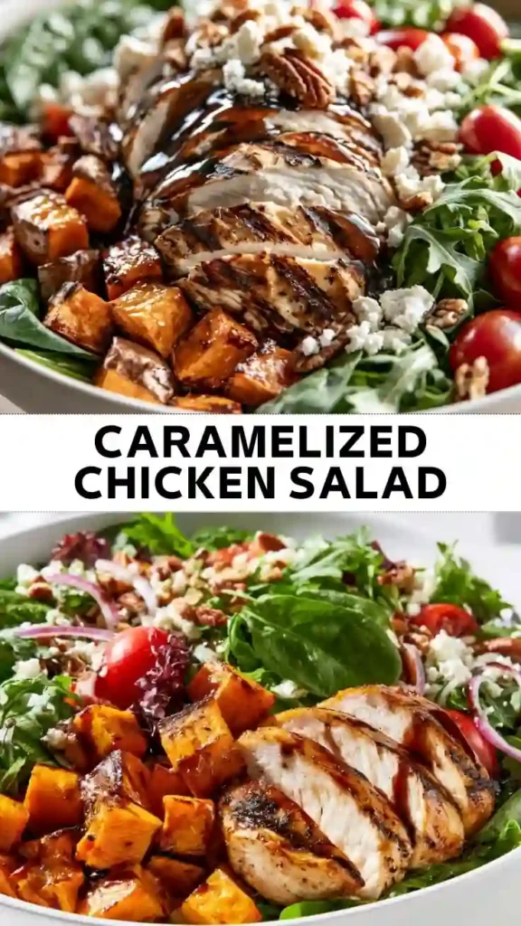 Grilled caramelized chicken salad with roasted sweet potatoes, mixed greens, cherry tomatoes, crumbled feta cheese, pecans, and balsamic glaze.