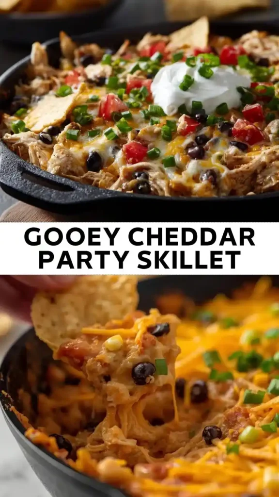 Gooey cheddar party skillet with shredded chicken, melted cheddar cheese, black beans, diced tomatoes, green onions, and sour cream.