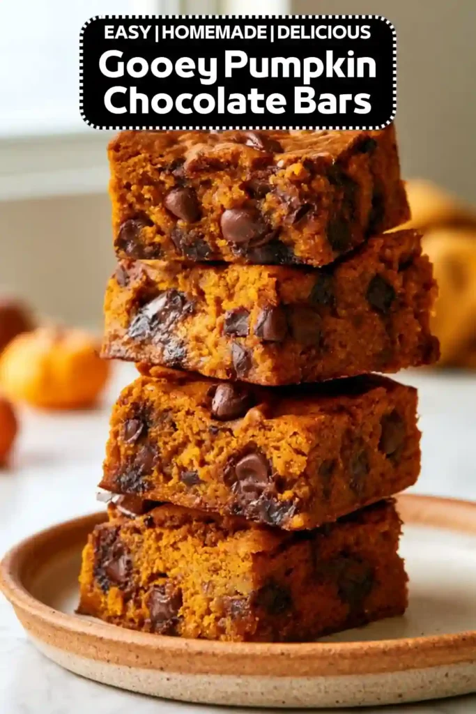 Gooey pumpkin chocolate bars loaded with chocolate chips, featuring a soft, fudgy texture and warm pumpkin spice flavor.