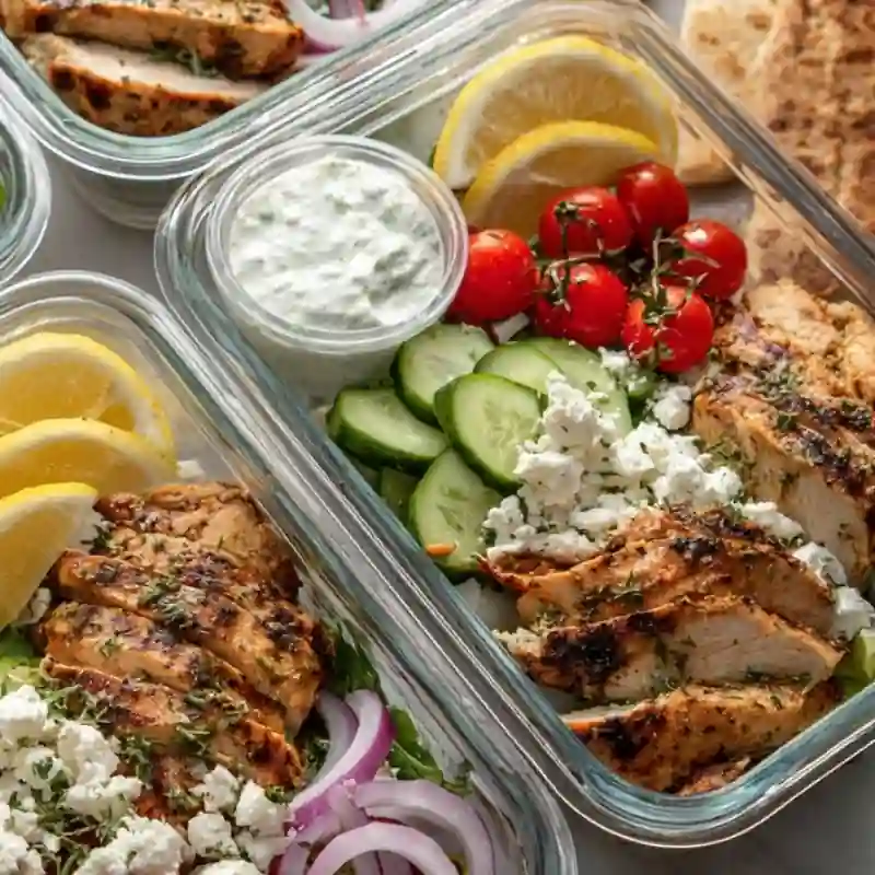 Greek Chicken Lunch Box Meal Prep Greek chicken lunch box with grilled chicken, cucumber, cherry tomatoes, feta cheese, red onion, tzatziki sauce, lemon wedges, and pita bread.