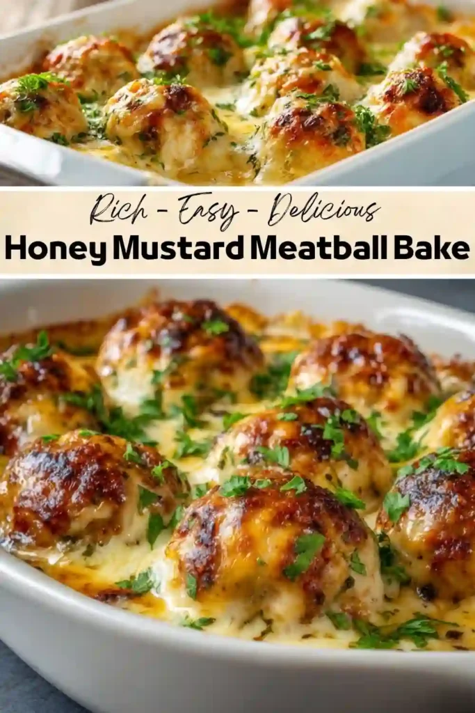 Honey Mustard Meatball Bake Recipe Honey mustard meatball bake with golden browned meatballs, melted cheese, creamy honey mustard sauce, and fresh parsley in a baking dish.
