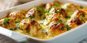 Cheesy Honey Mustard Chicken Meatball Bake