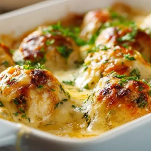 Honey mustard meatball bake with golden browned meatballs, melted cheese, creamy sauce, and fresh parsley in a white baking dish.