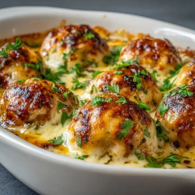 Honey Mustard Meatball Bake Recipe Honey mustard meatballs baked with melted cheese and garnished with fresh parsley in a white casserole dish.
