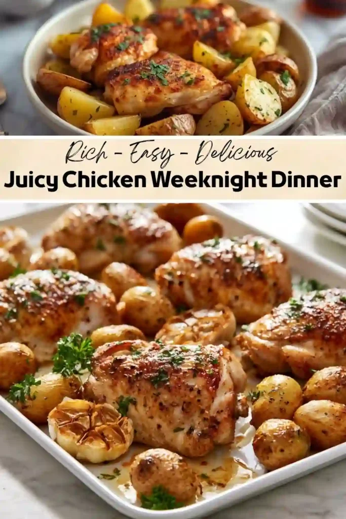 Juicy roasted chicken thighs served with crispy baby potatoes, roasted garlic, and fresh parsley on a baking tray.