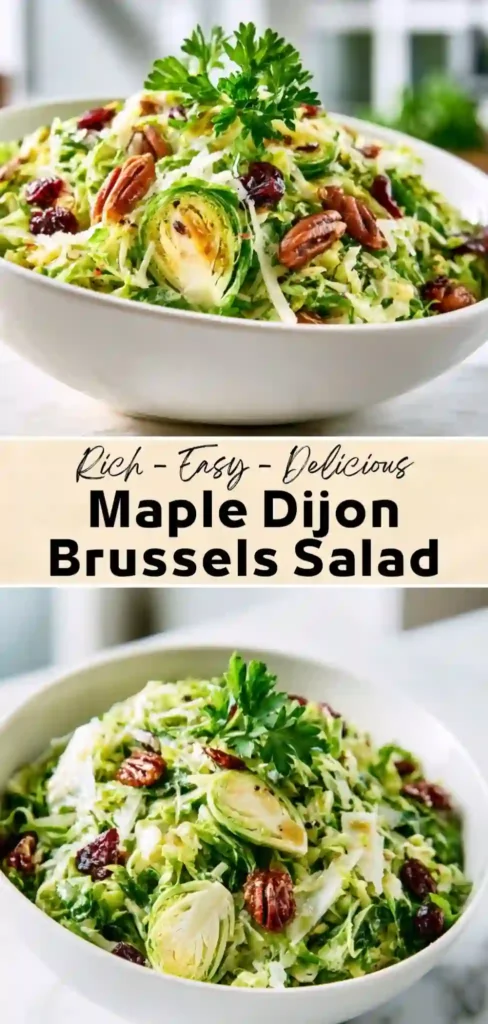 Bowl of maple Dijon Brussels sprouts salad with shaved Brussels sprouts, pecans, dried cranberries, Parmesan cheese, and fresh parsley garnish.