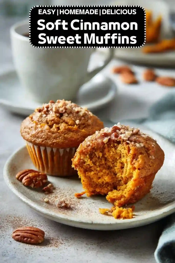 Soft cinnamon sweet muffins topped with chopped pecans and cinnamon sugar, served on a plate beside a cup of coffee.