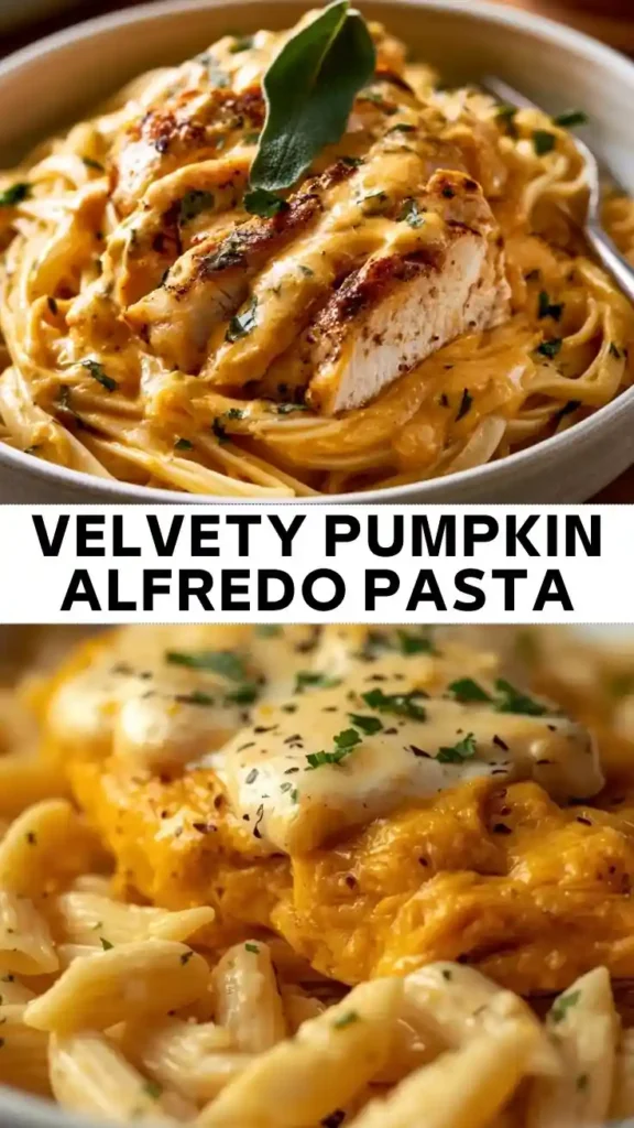 Velvety Pumpkin Alfredo Pasta with Chicken Recipe Creamy pumpkin Alfredo pasta topped with juicy pan-seared chicken and fresh herbs in a rich, velvety Parmesan pumpkin sauce.