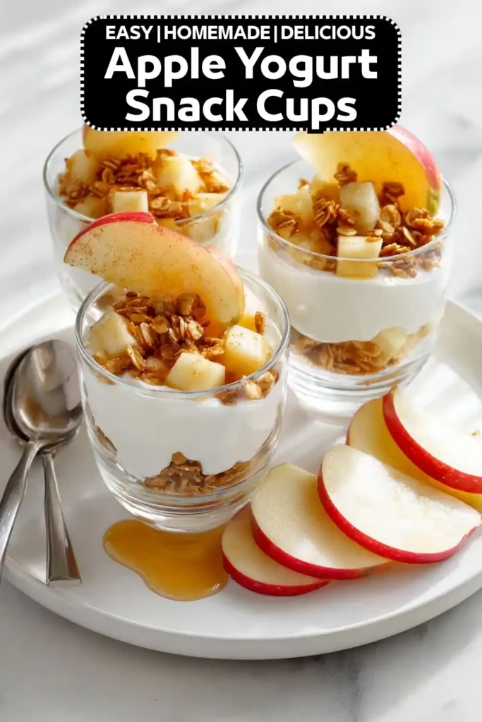 Apple yogurt snack cups layered with creamy Greek yogurt, crunchy granola, fresh apple pieces, cinnamon, and a drizzle of honey.
