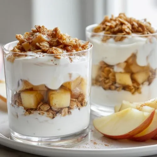 Apple yogurt snack cups layered with creamy Greek yogurt, crunchy granola, fresh apple chunks, cinnamon, and honey on a serving plate.