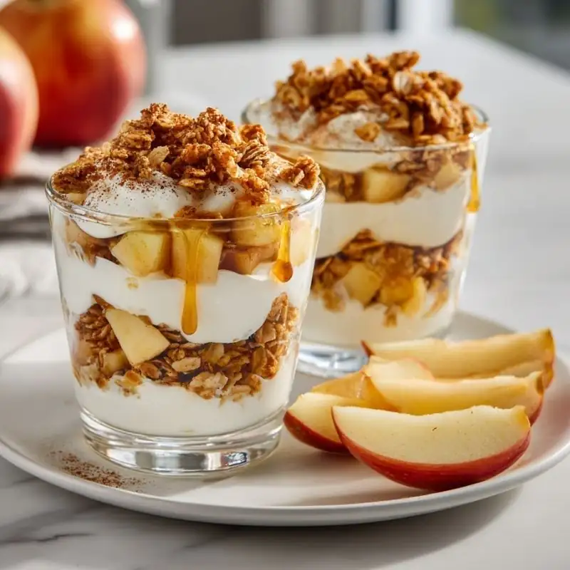 Apple yogurt snack cups layered with creamy Greek yogurt, crunchy granola, fresh apple chunks, cinnamon, and a drizzle of honey.